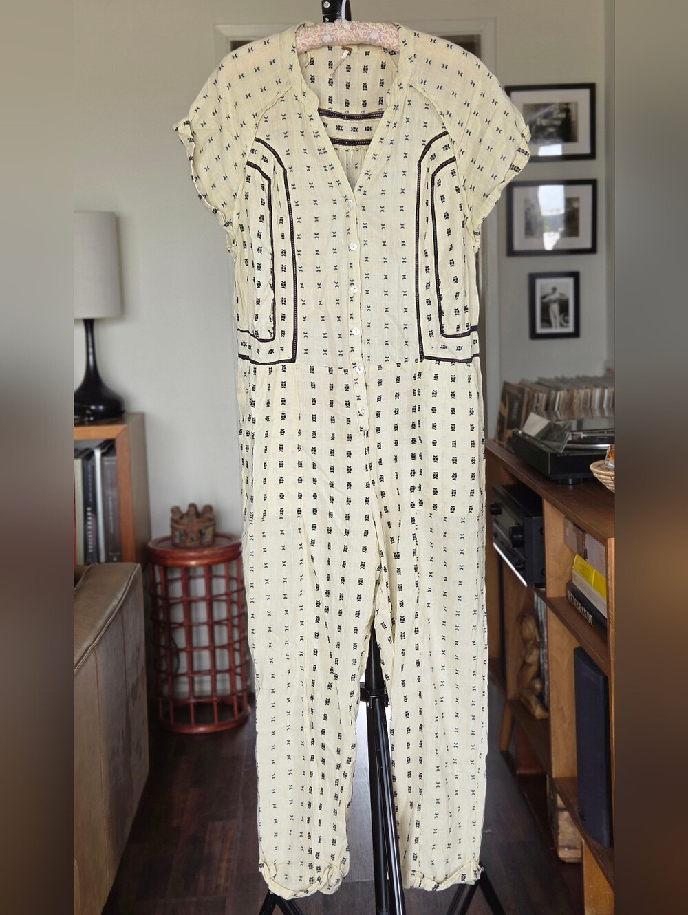 Free People Cream & Black Cotton Embroidered Jumpsuit